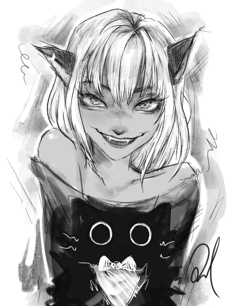 A girl with cat ears smiling and small black cat underneath her