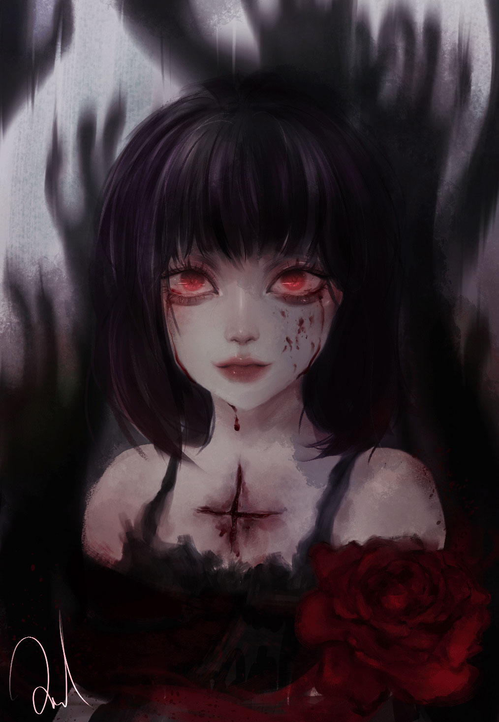 A digital drawing of a girl with a wound on her chest in the shape of an cross.