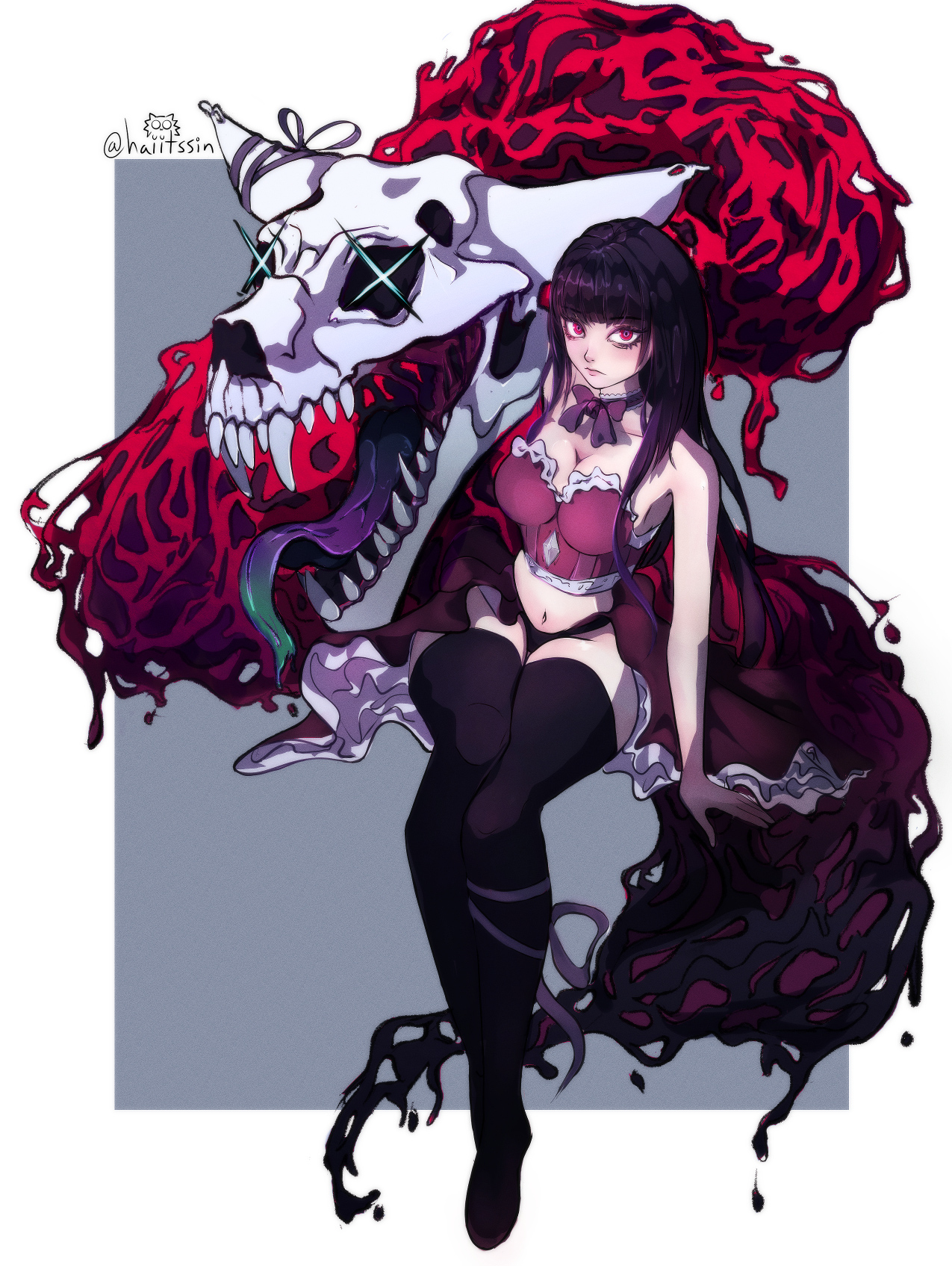 a gothic girl with a snake like monster behind her with a skull head