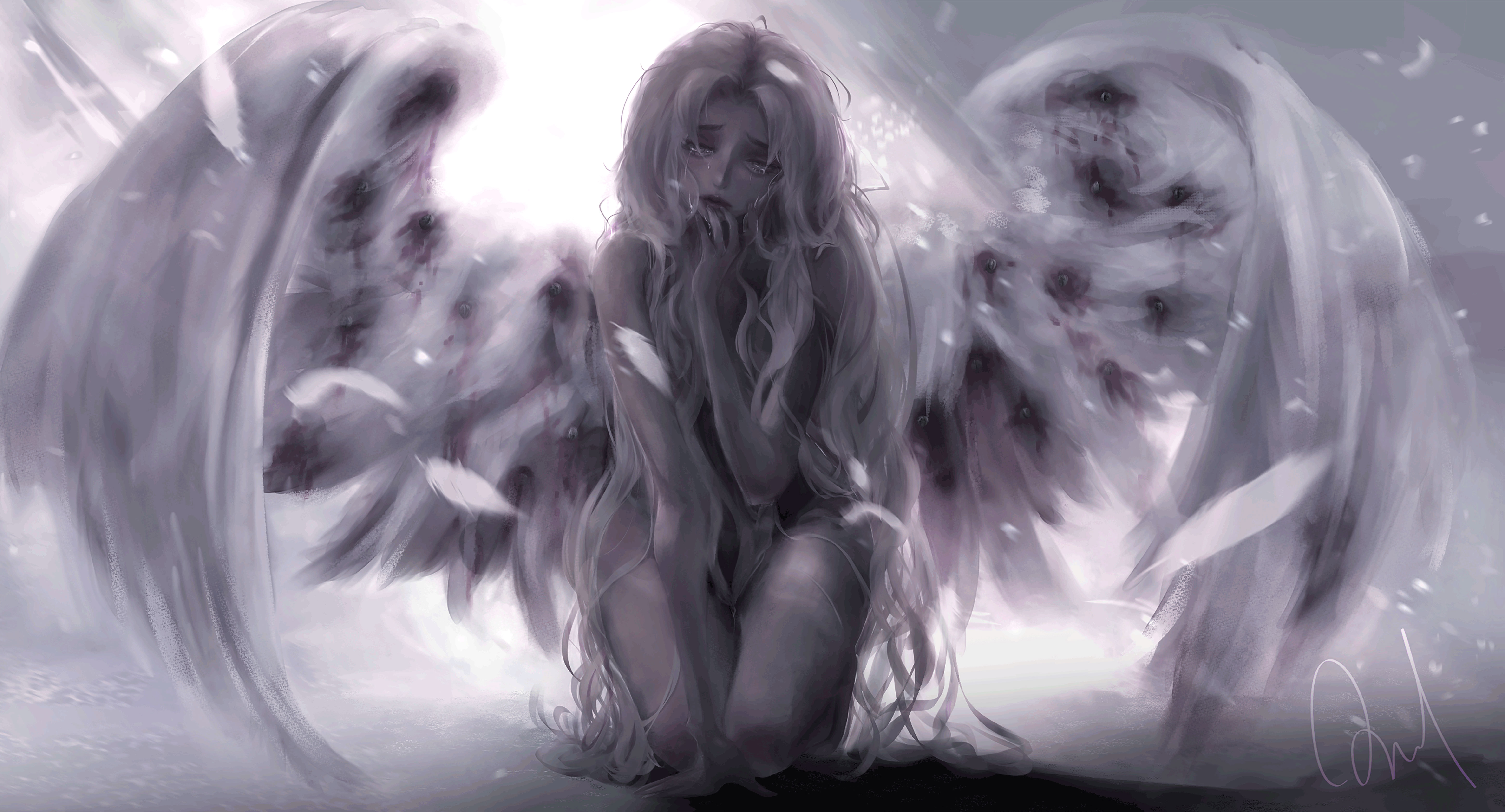 A angel on her knees crying with her wings out.