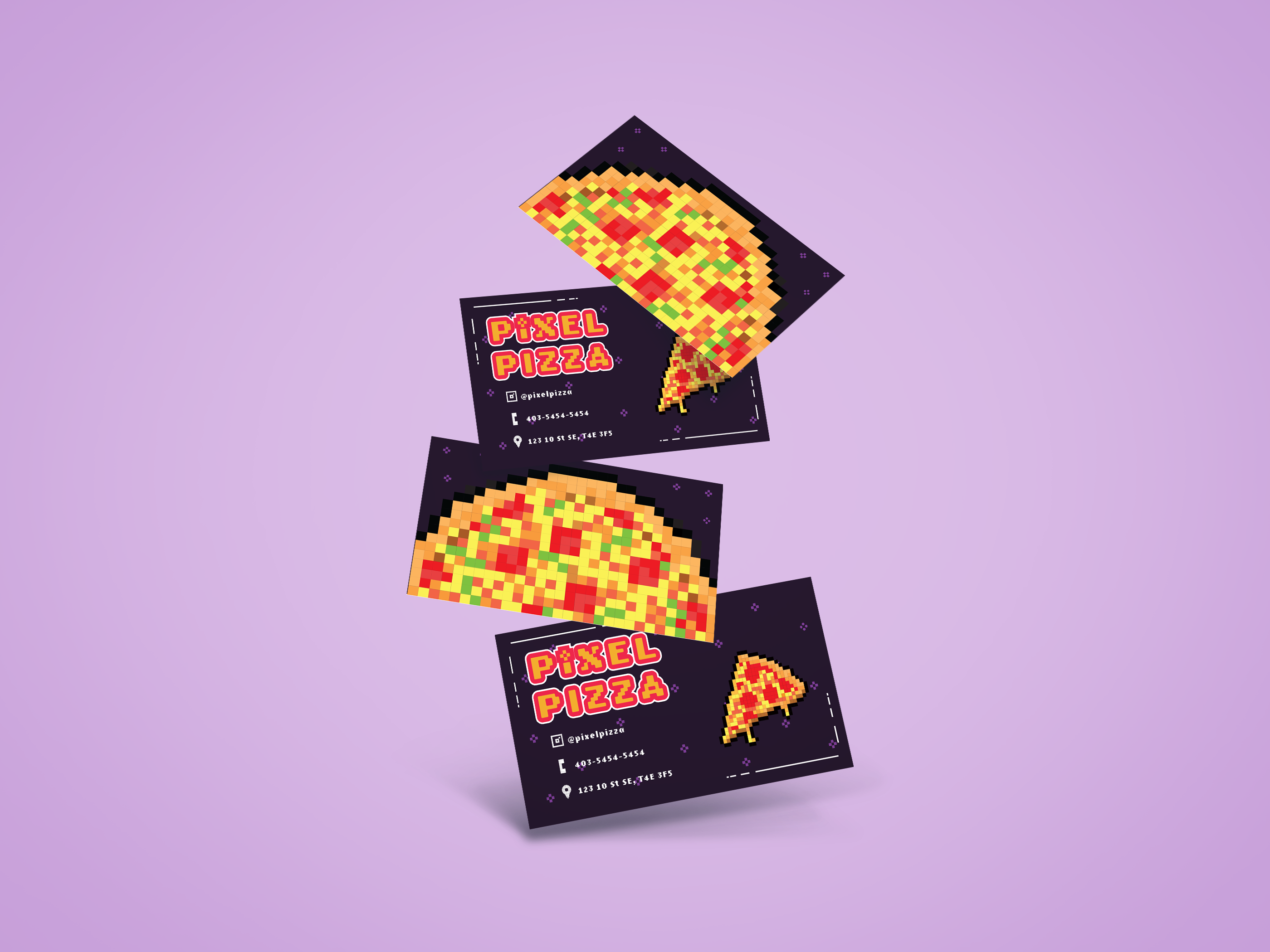 business card mockups with pixel art pizza