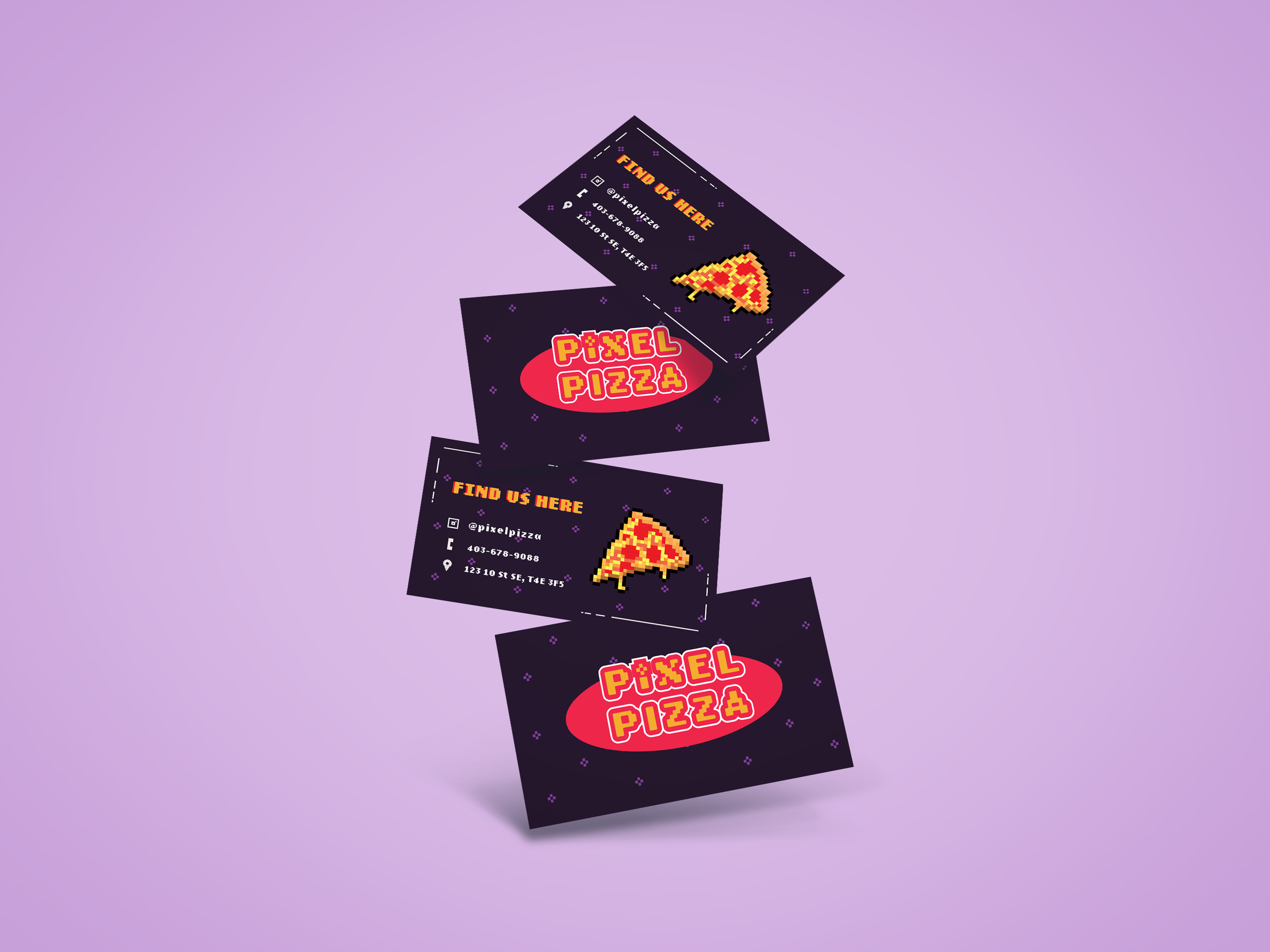 business card mockups with pixel art style and pizza on it