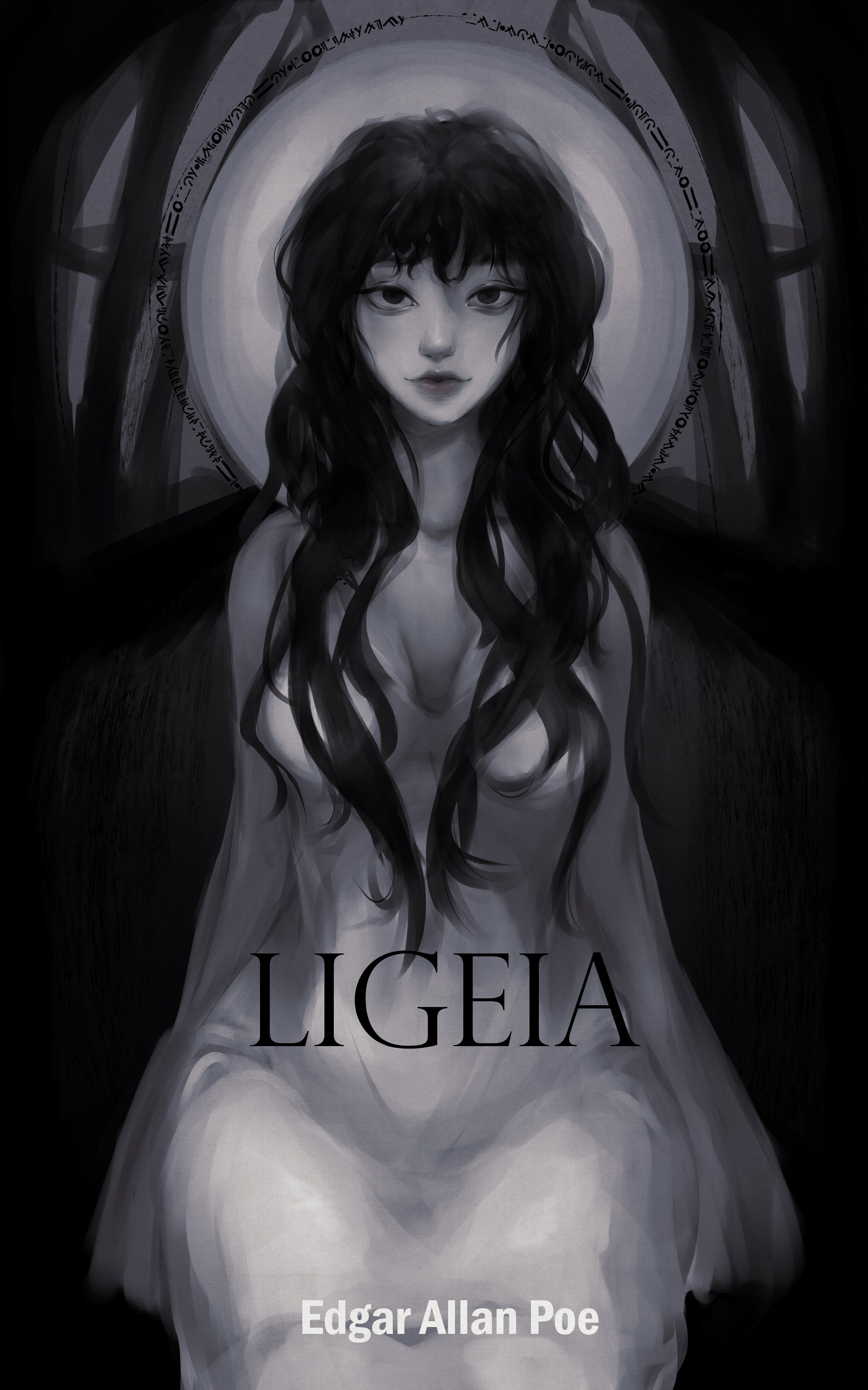 Ligeia book cover art with a girl in a white dress