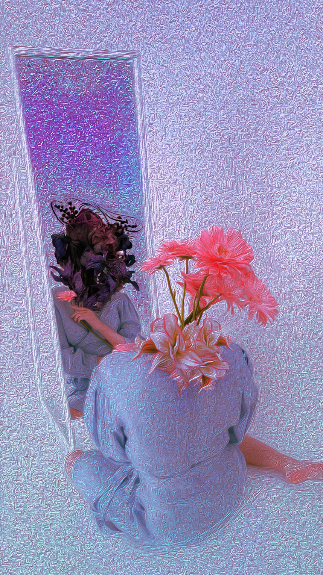 A girl with a bouquet of flowers for a head looking into a mirror. The reflection has a dead bouquet of flowers instead.