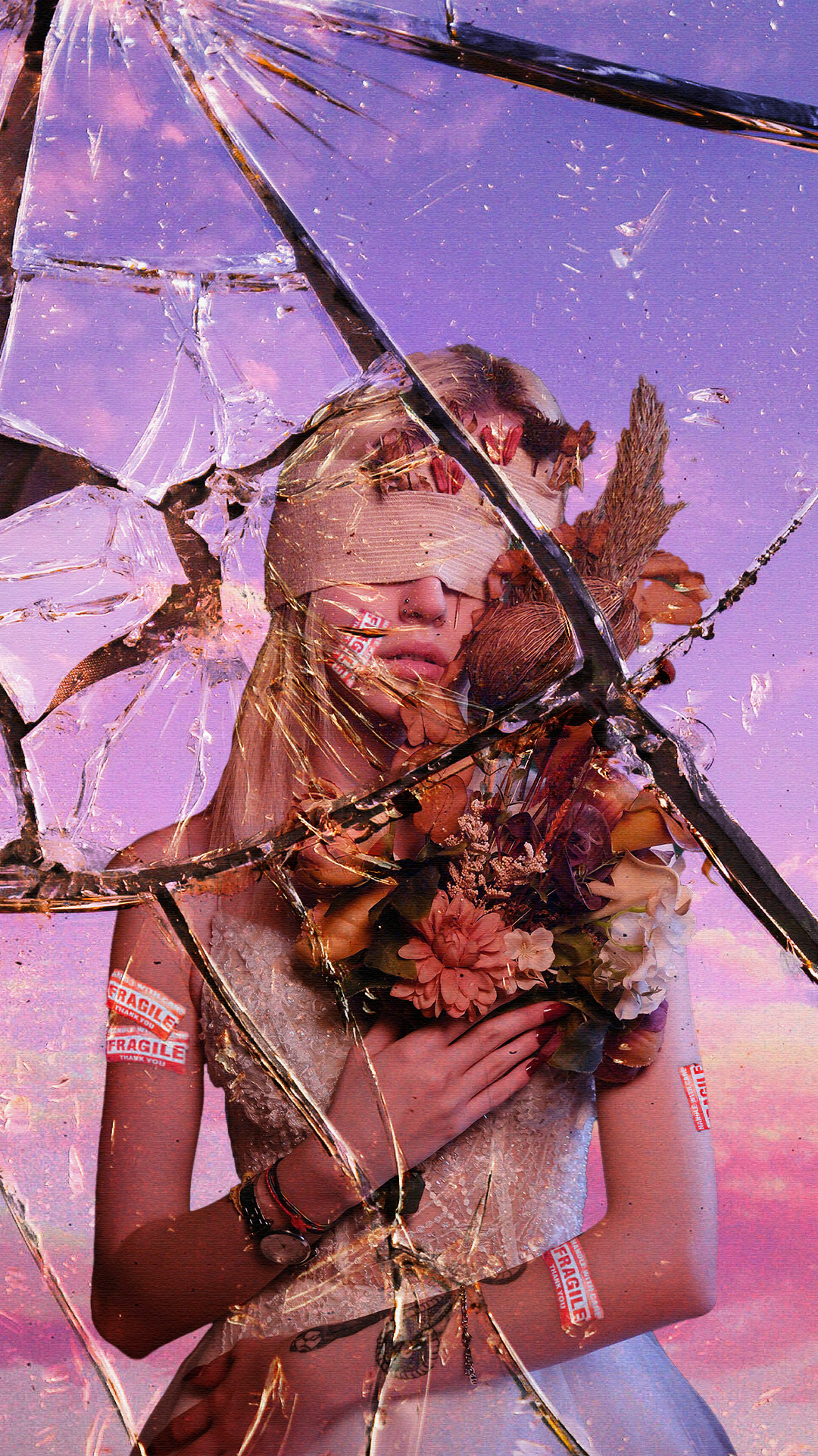 A blindfolded girl holding flowers with fragile stickers on her arms looking into a cracked mirror.