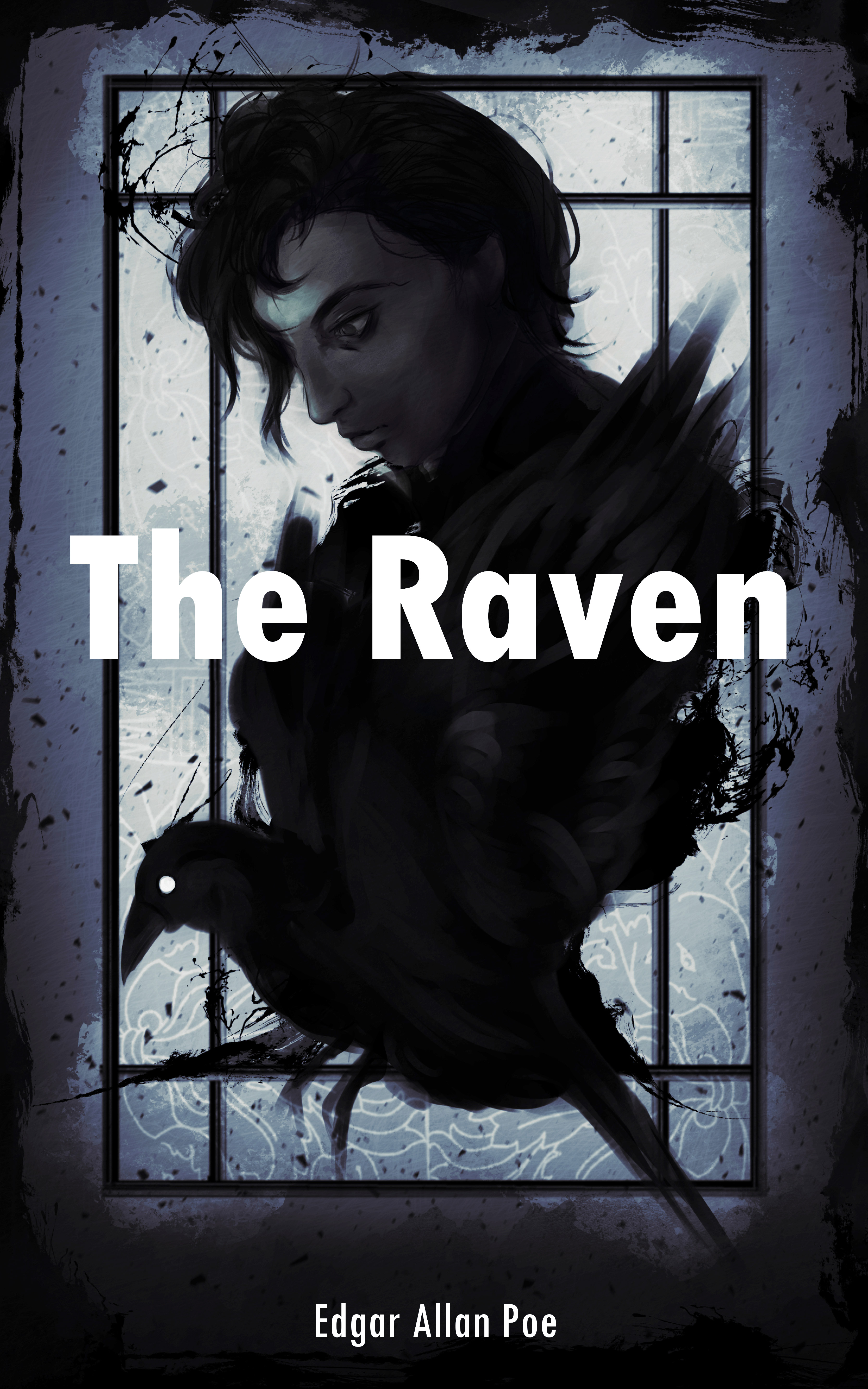 The Raven book cover art with portrait of a man and a raven in front of him.